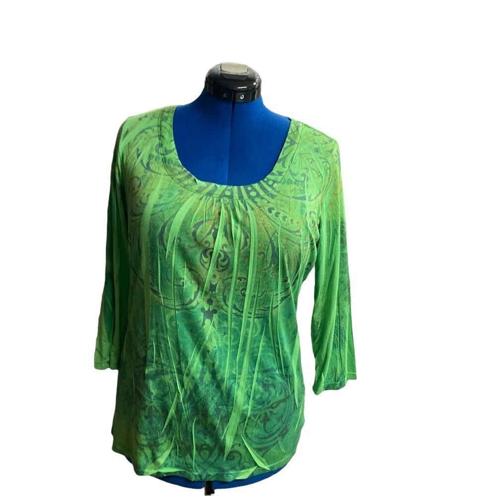 PROJECT Women’s Green Top 3/4 Sleeves Jewel Neckline Size Large Ruched front‎